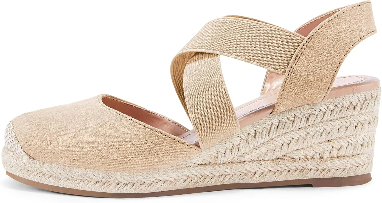 Syktkmx Womens Espadrille Platform Elastic Strappy Closed Toe Wedge Criss Cross Mid Heel Sandals