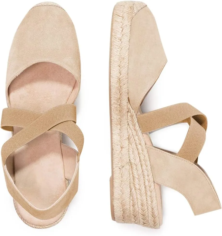 Syktkmx Womens Espadrille Platform Elastic Strappy Closed Toe Wedge Criss Cross Mid Heel Sandals