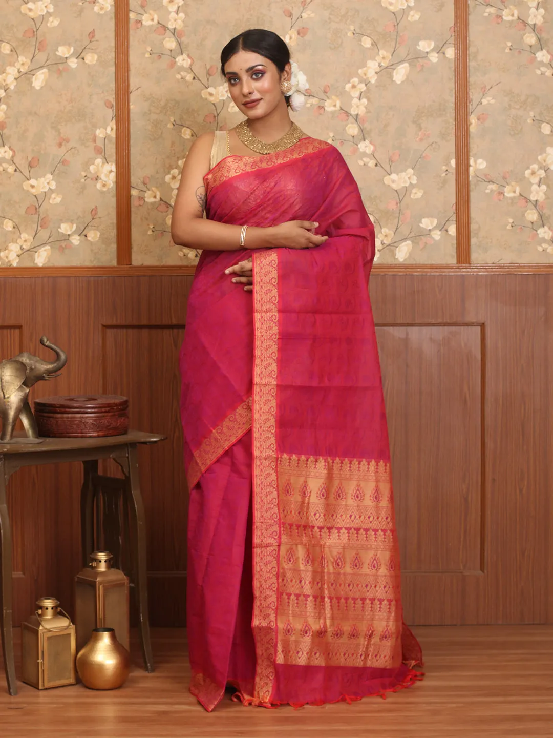 Trackable Magenta Connected Cotton Pure Saree Coimbatore