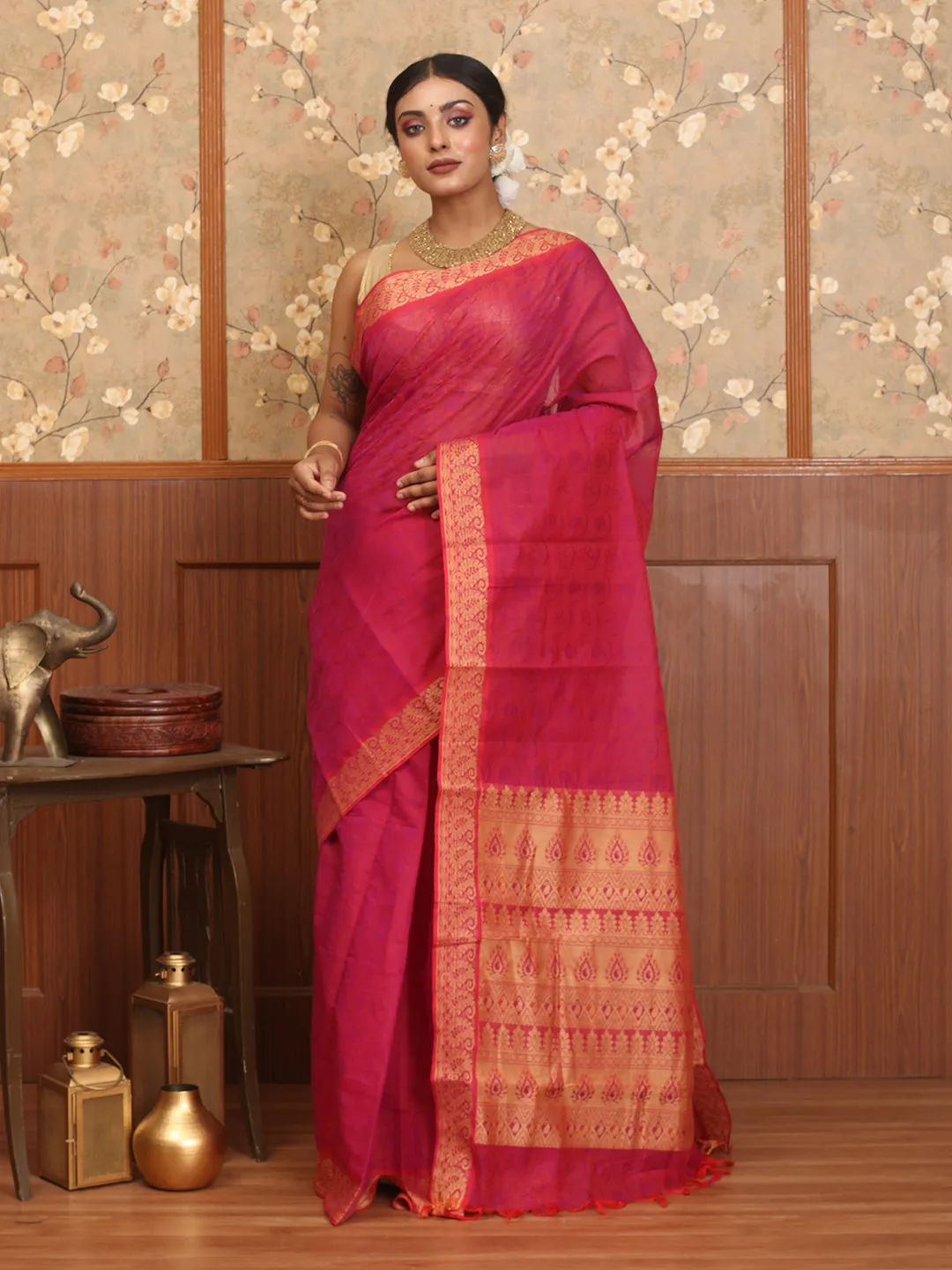 Trackable Magenta Connected Cotton Pure Saree Coimbatore