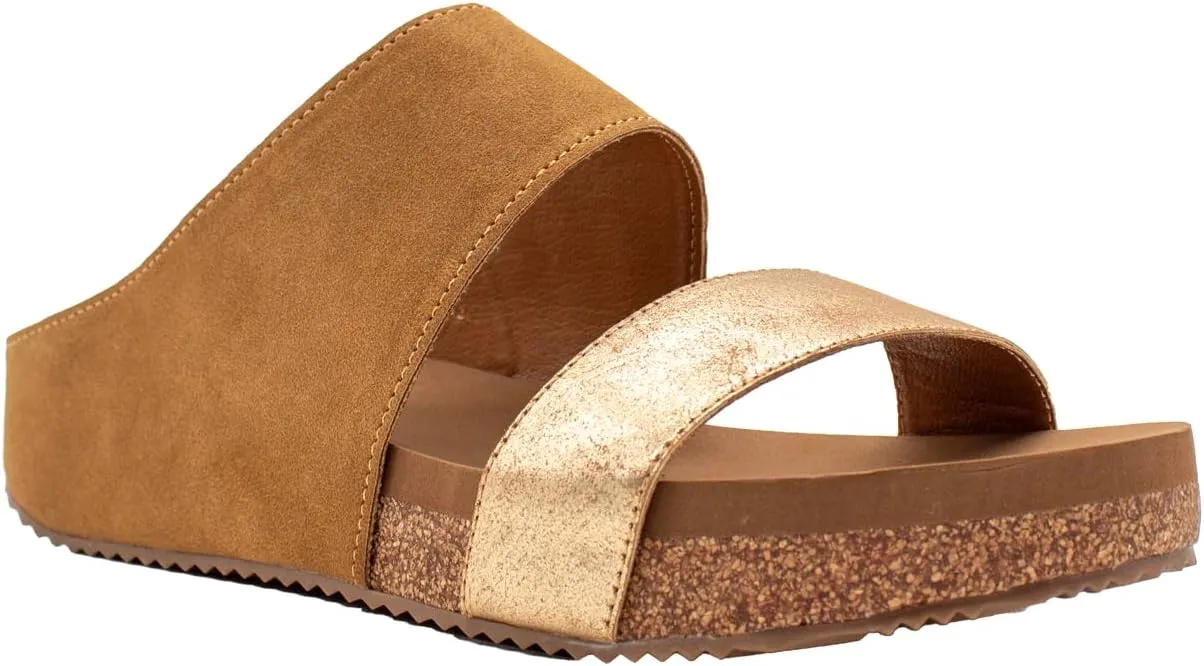 VOLATILE Womens Campfire Metallic Slide Casual Sandals Casual Low Heel 1-2" - Brown, Gold