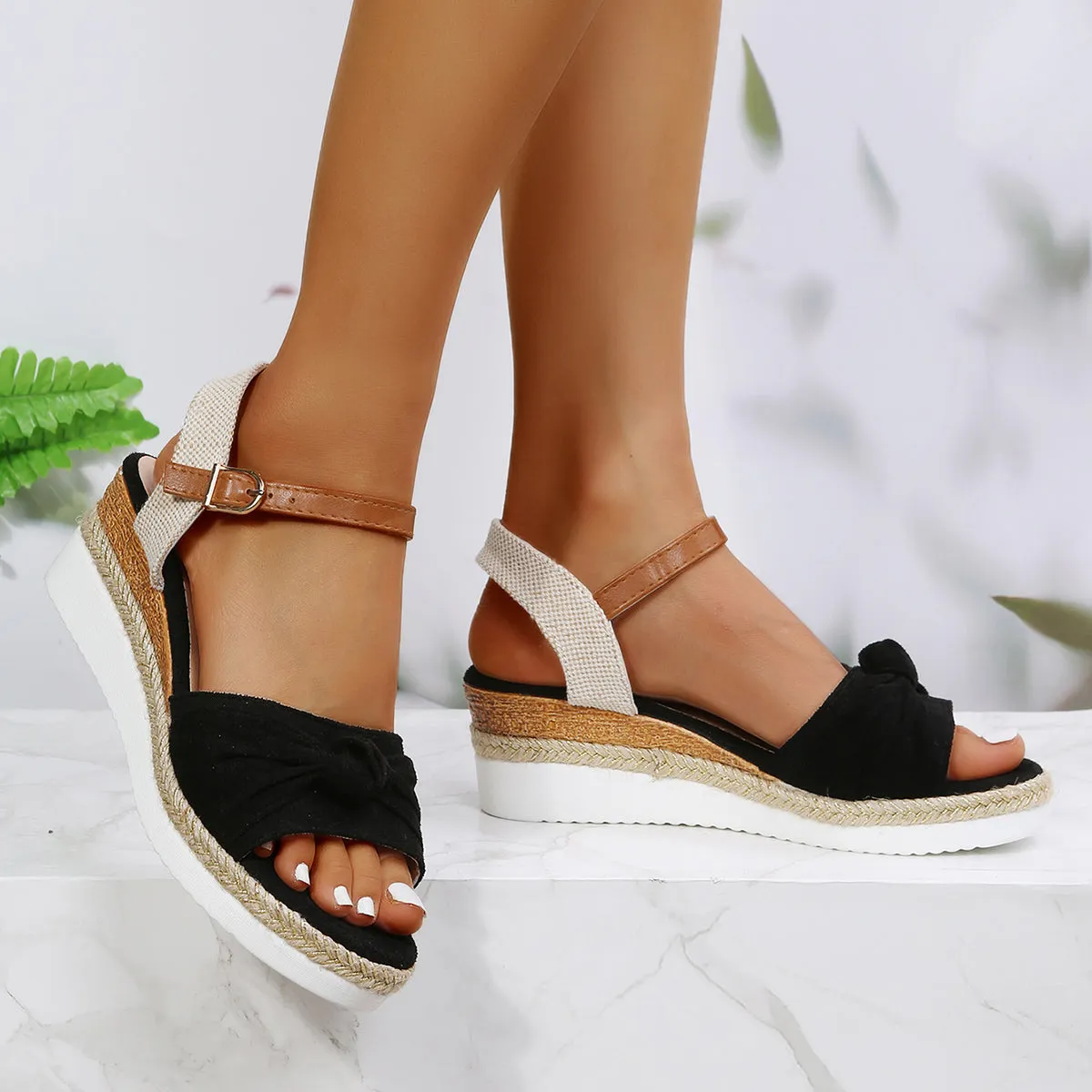 Weekend sale Espadrille Bowknot Platform Slingback Wedges Efficient Cork Sandals
