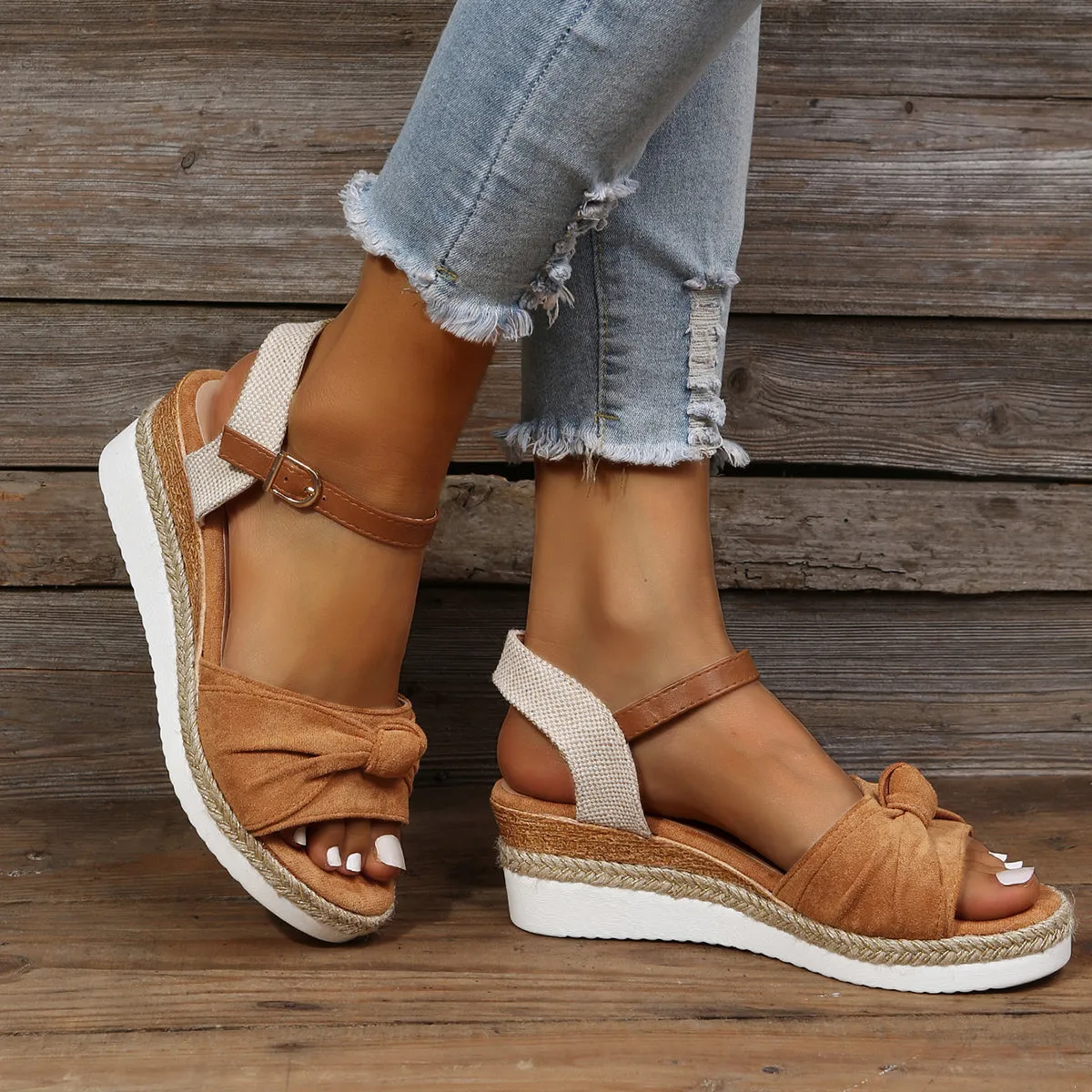 Weekend sale Espadrille Bowknot Platform Slingback Wedges Efficient Cork Sandals