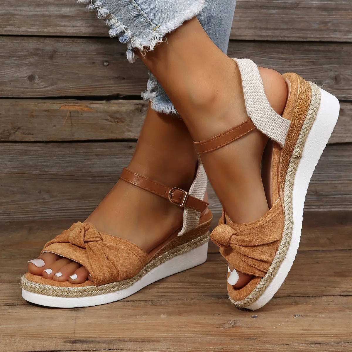 Weekend sale Espadrille Bowknot Platform Slingback Wedges Efficient Cork Sandals