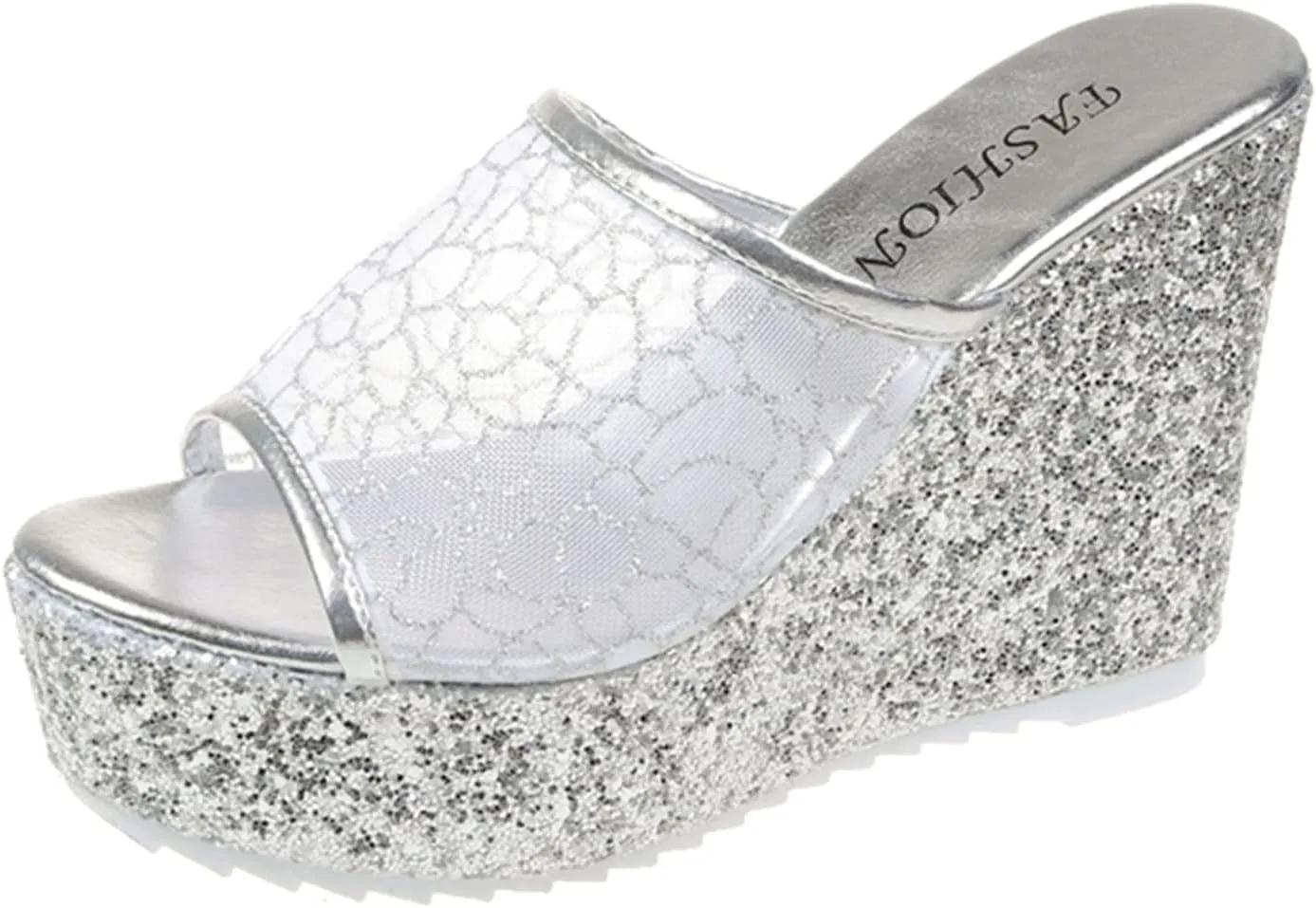 Women Orthotic Slides Comfortable Sequin Mesh Open Toe Wedge Heel Thick Sole Slippers with Grips for Women with Cushion