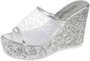 Women Orthotic Slides Comfortable Sequin Mesh Open Toe Wedge Heel Thick Sole Slippers with Grips for Women with Cushion