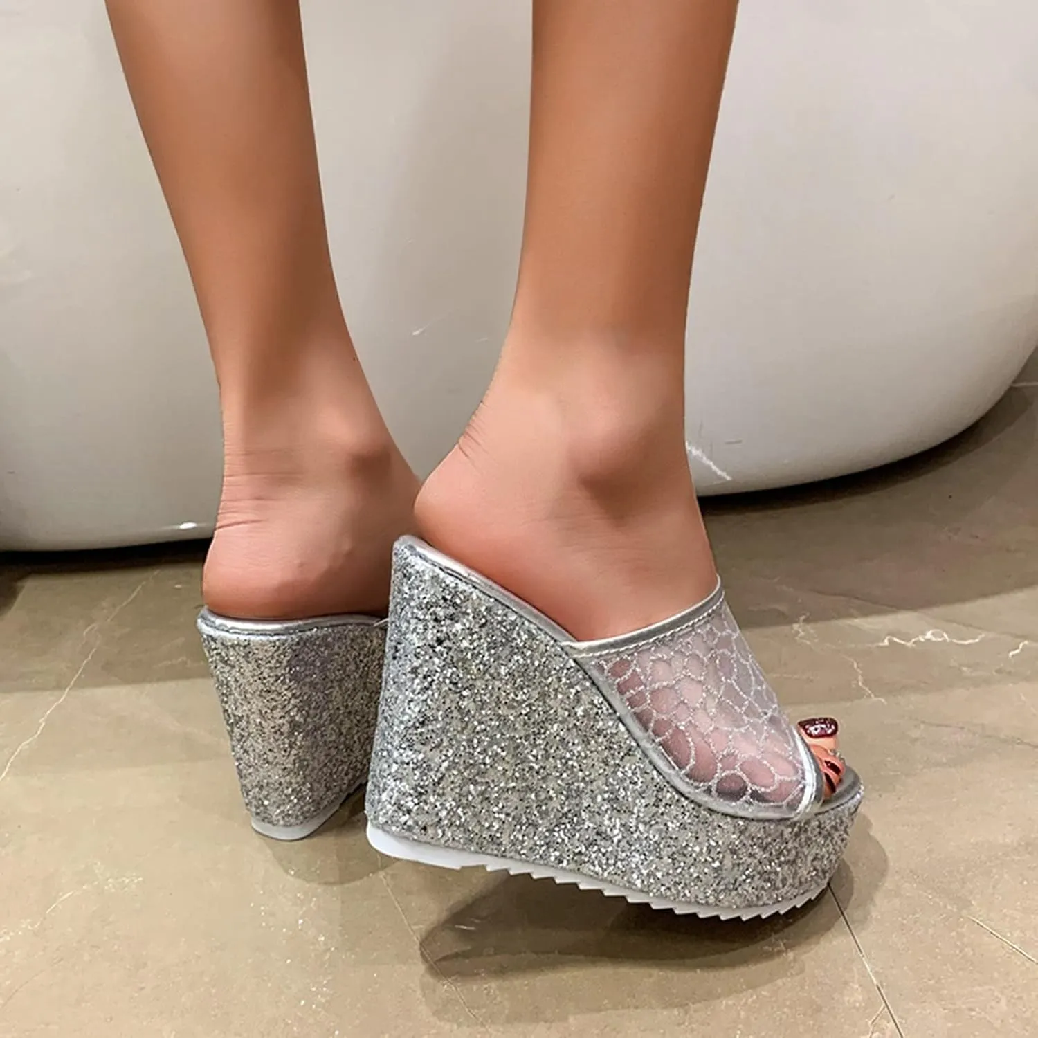 Women Orthotic Slides Comfortable Sequin Mesh Open Toe Wedge Heel Thick Sole Slippers with Grips for Women with Cushion