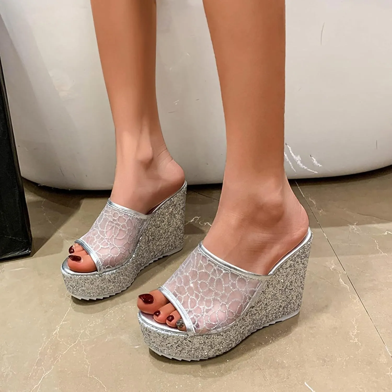 Women Orthotic Slides Comfortable Sequin Mesh Open Toe Wedge Heel Thick Sole Slippers with Grips for Women with Cushion