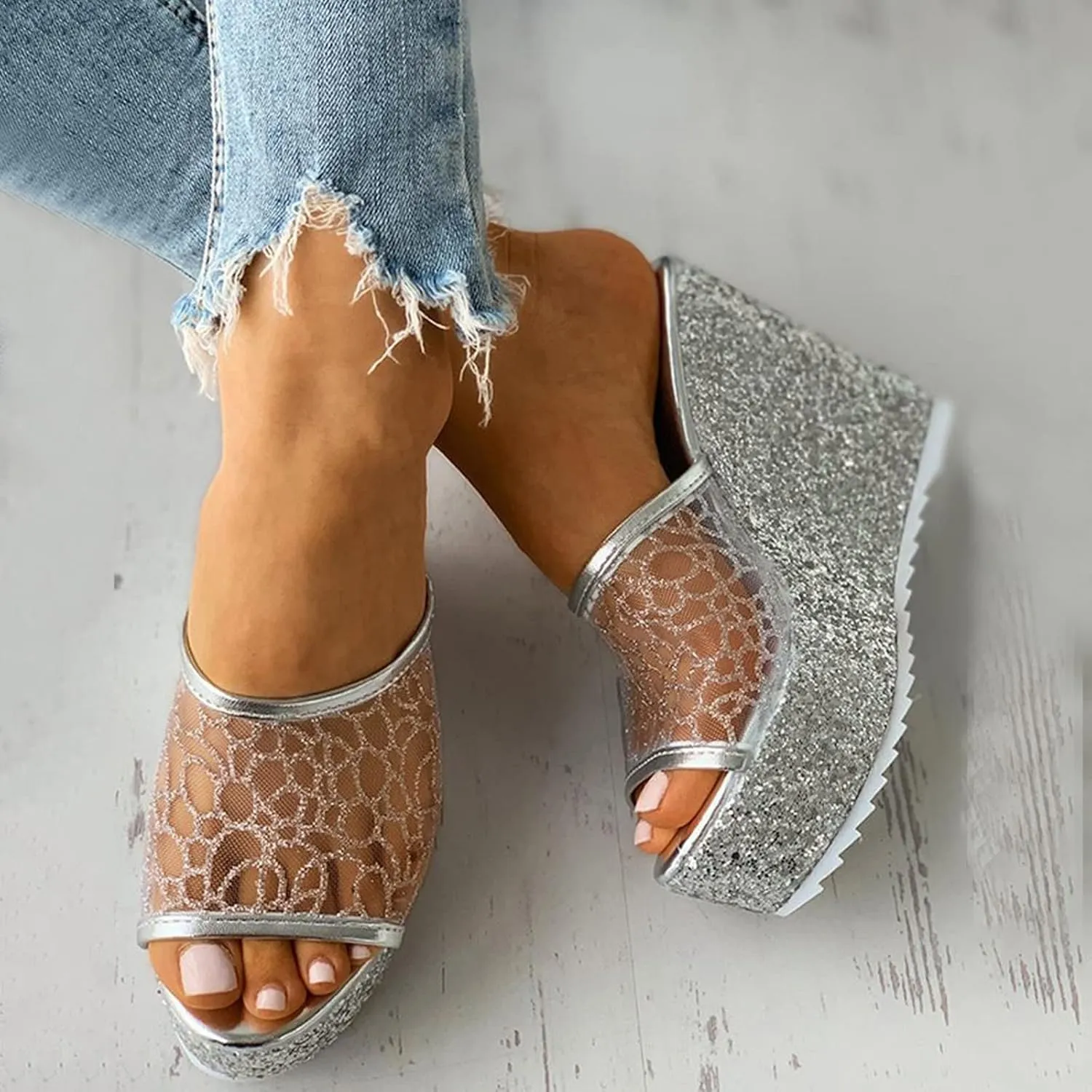 Women Orthotic Slides Comfortable Sequin Mesh Open Toe Wedge Heel Thick Sole Slippers with Grips for Women with Cushion
