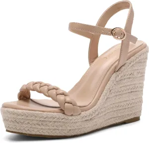 Women's Braided High Heels Wedge Sandals Open Toe Espadrille Summer Sandals with Buckled Ankle Strap Microfiber Leather Dressy Shoes