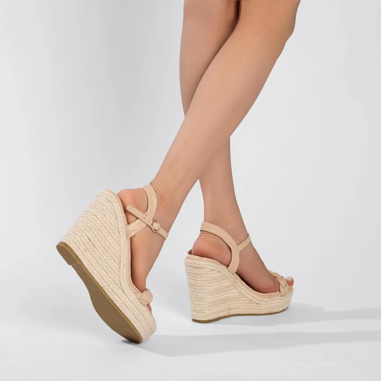 Women's Braided High Heels Wedge Sandals Open Toe Espadrille Summer Sandals with Buckled Ankle Strap Microfiber Leather Dressy Shoes