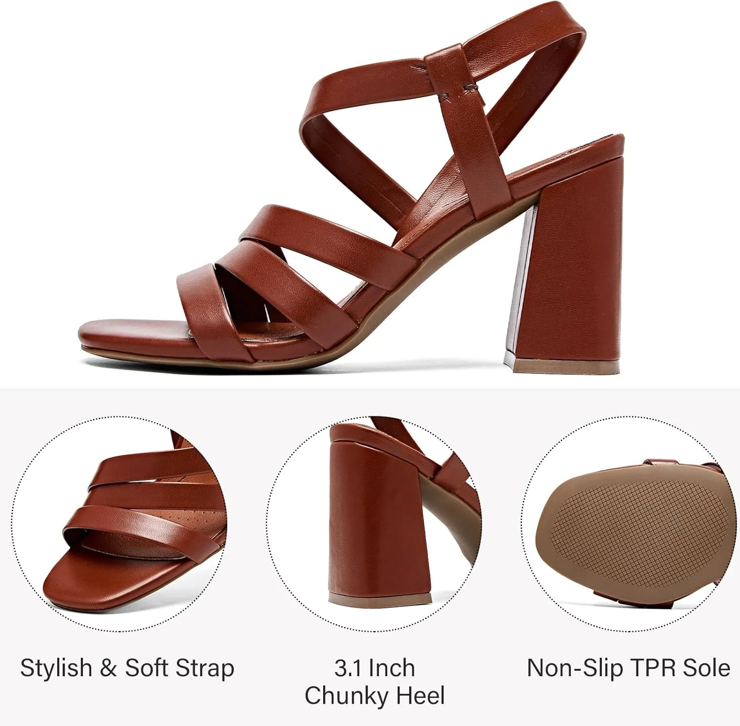 Women's Chunky Heeled Sandals - Square Open Toe Ankle Strappy Dressy Pump Heels Wedding Party Shoes for Women.