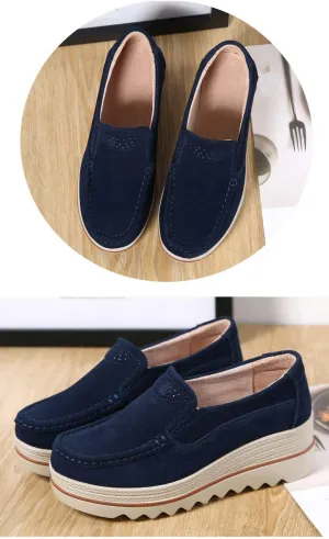 Women's Leather Platform Loafers Shoes, Faux Suede Moccasins Good Arch Slip On Loafer Non-Slip Thick Sole Comfort Wide Low Top Shoe