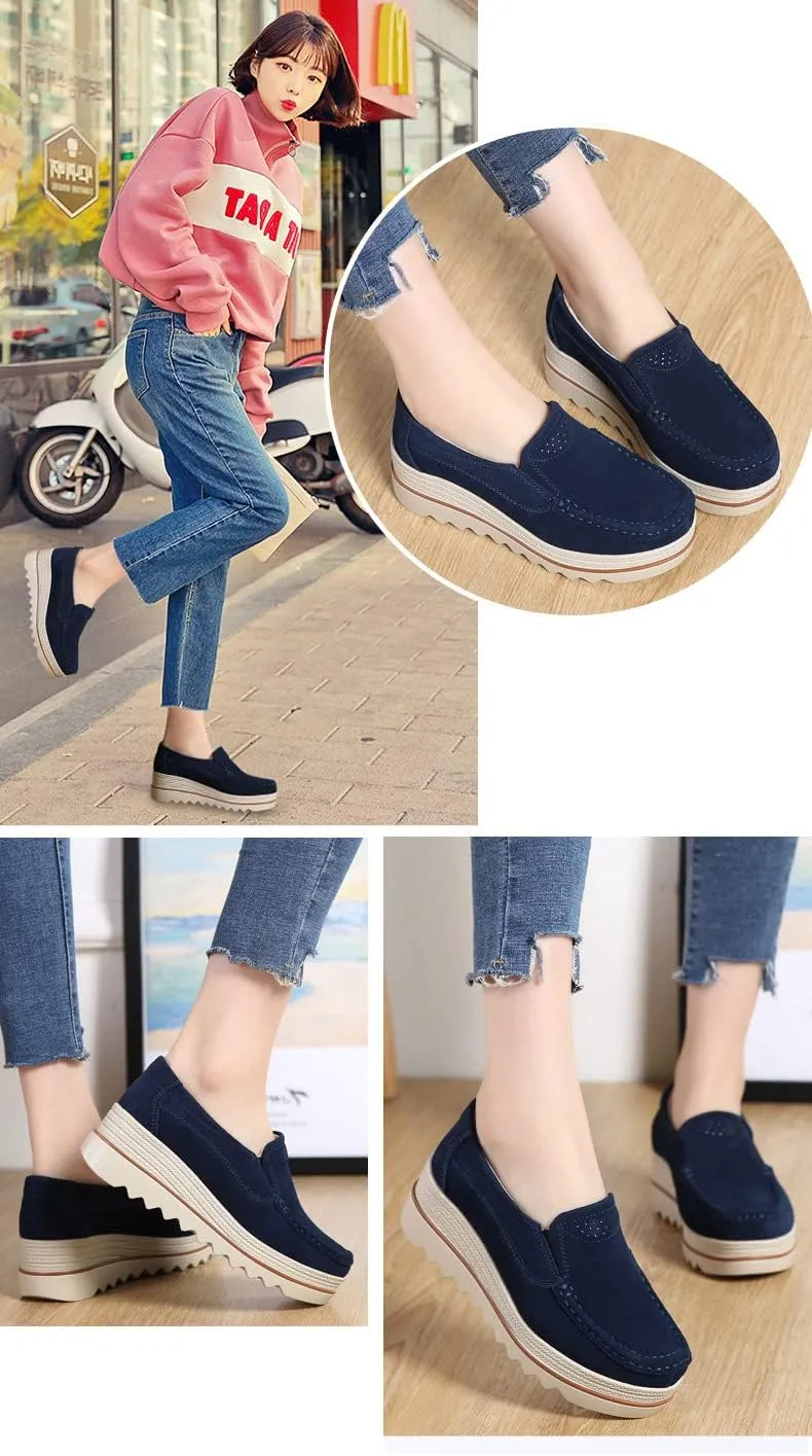 Women's Leather Platform Loafers Shoes, Faux Suede Moccasins Good Arch Slip On Loafer Non-Slip Thick Sole Comfort Wide Low Top Shoe