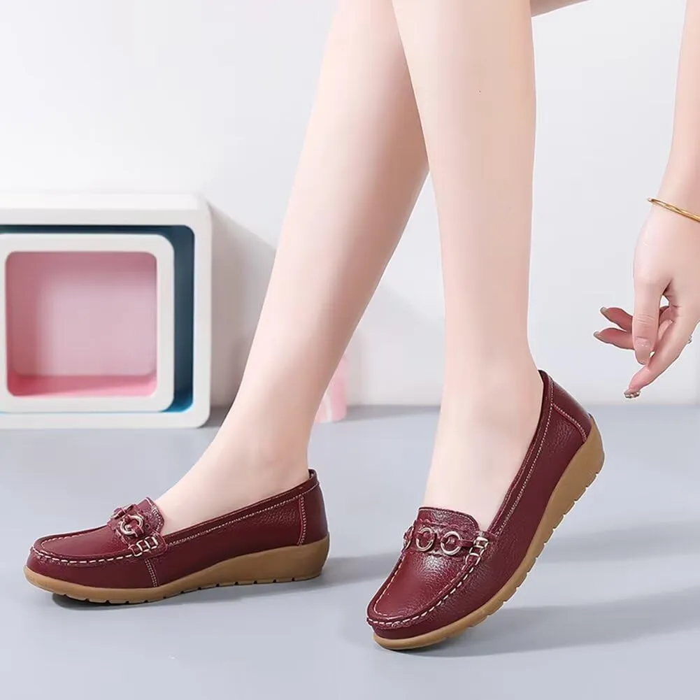 Women's Leather Wedge Moccasins Pumps Boat Shoes Casual Cushion Driving Slip-Ons