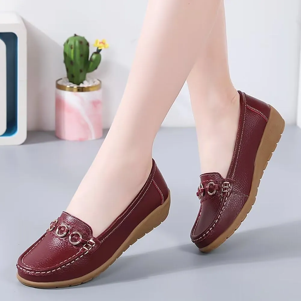 Women's Leather Wedge Moccasins Pumps Boat Shoes Casual Cushion Driving Slip-Ons