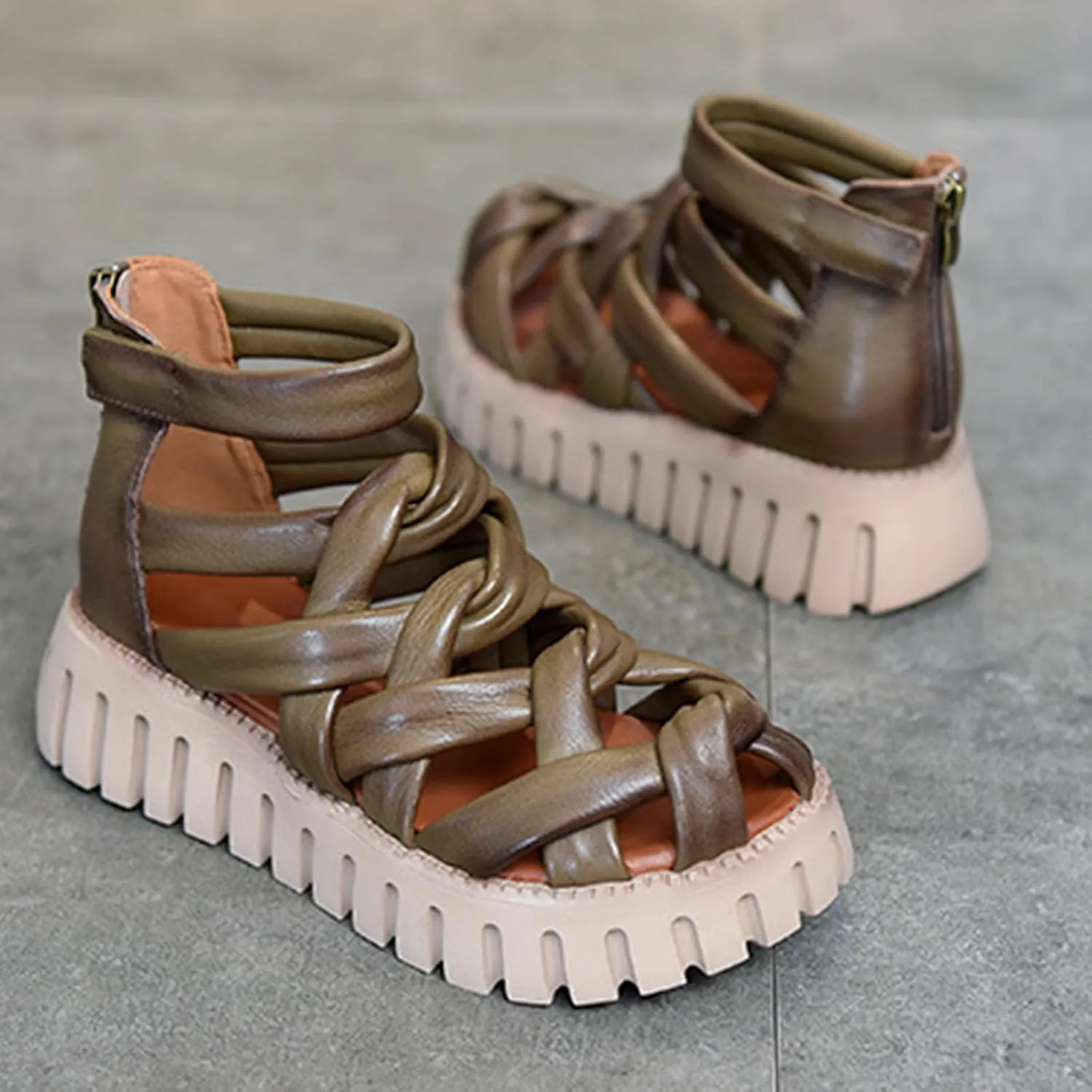 Women'S platform Leather Braided high top Roman Sandals with back Zipper Retro Closed Toe chunky Heel lug sole non slip hollow out Y2K Gladiator Sandals Casual Walking Work Sandals