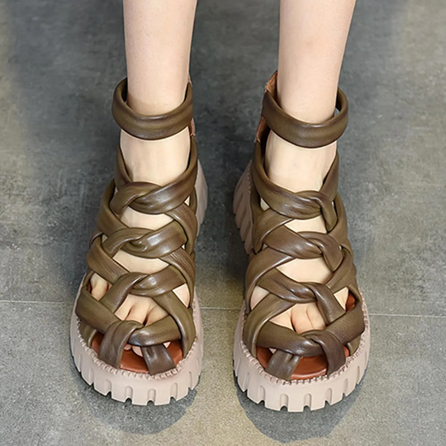 Women'S platform Leather Braided high top Roman Sandals with back Zipper Retro Closed Toe chunky Heel lug sole non slip hollow out Y2K Gladiator Sandals Casual Walking Work Sandals