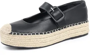 Women's Platform Mary Janes Espadrilles for Women Leather Round-Toe Buckle Strap Mary Jane Shoes Women Casual Party Work Flats Size 11.5 Black