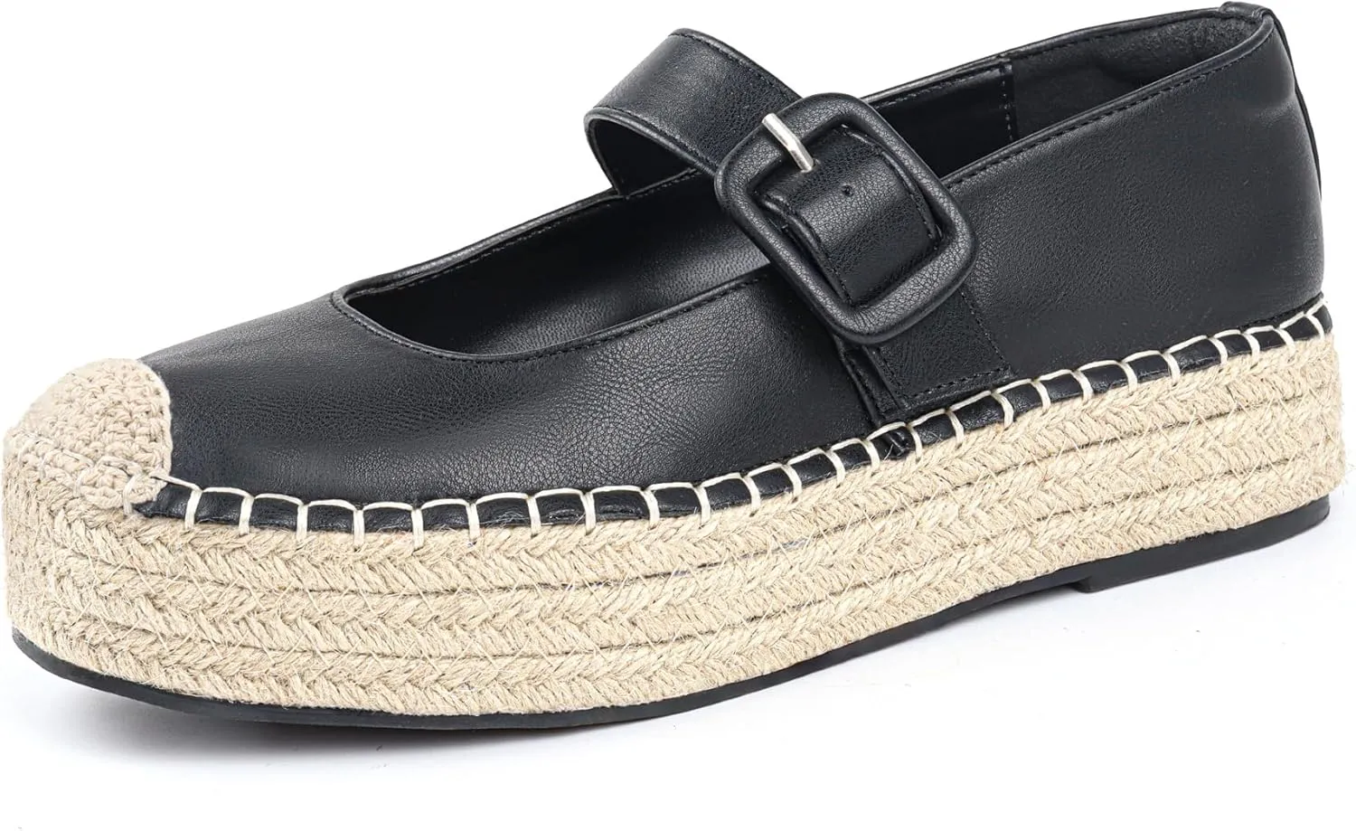 Women's Platform Mary Janes Espadrilles for Women Leather Round-Toe Buckle Strap Mary Jane Shoes Women Casual Party Work Flats Size 11.5 Black