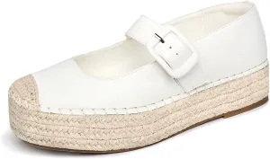 Women's Platform Mary Janes Espadrilles for Women Leather Round-Toe Buckle Strap Mary Jane Shoes Women Casual Party Work Flats Size 5.5 White