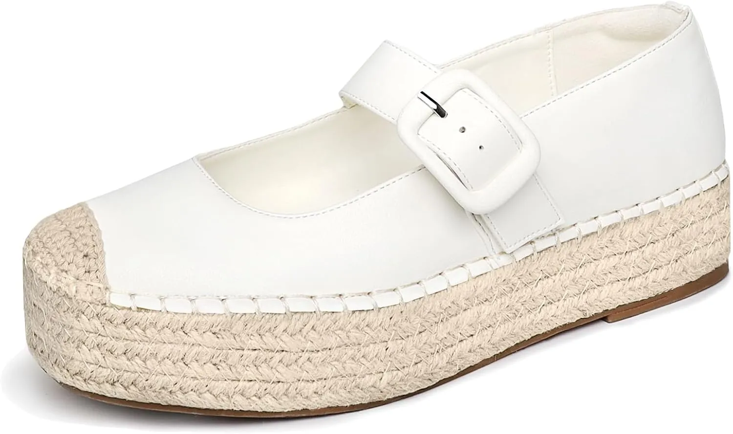 Women's Platform Mary Janes Espadrilles for Women Leather Round-Toe Buckle Strap Mary Jane Shoes Women Casual Party Work Flats Size 5.5 White