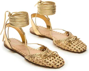 Woven Ballet Flats for Women Lace Up Closed Square Toe Summer Flats Shoes