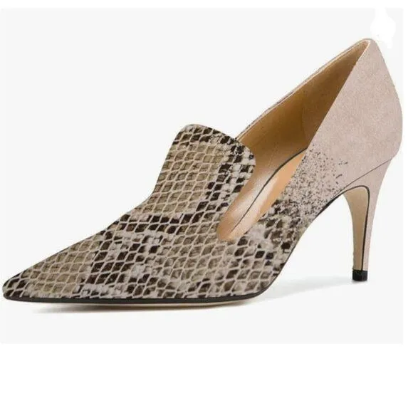 YDN Snakeskin Light Pink Mid Heels Slip on Loafer Pointy Toe Slide Suede Pumps