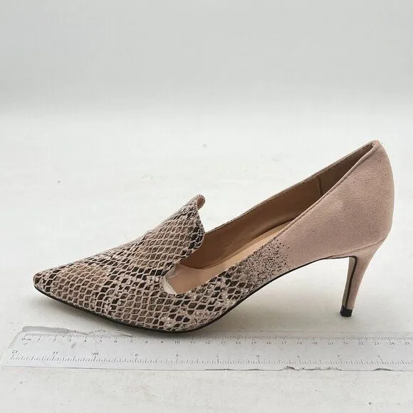 YDN Snakeskin Light Pink Mid Heels Slip on Loafer Pointy Toe Slide Suede Pumps
