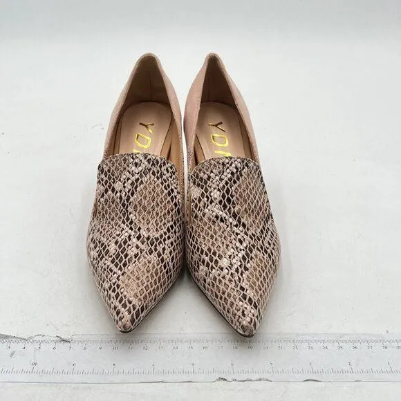 YDN Snakeskin Light Pink Mid Heels Slip on Loafer Pointy Toe Slide Suede Pumps