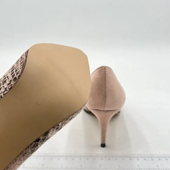 YDN Snakeskin Light Pink Mid Heels Slip on Loafer Pointy Toe Slide Suede Pumps