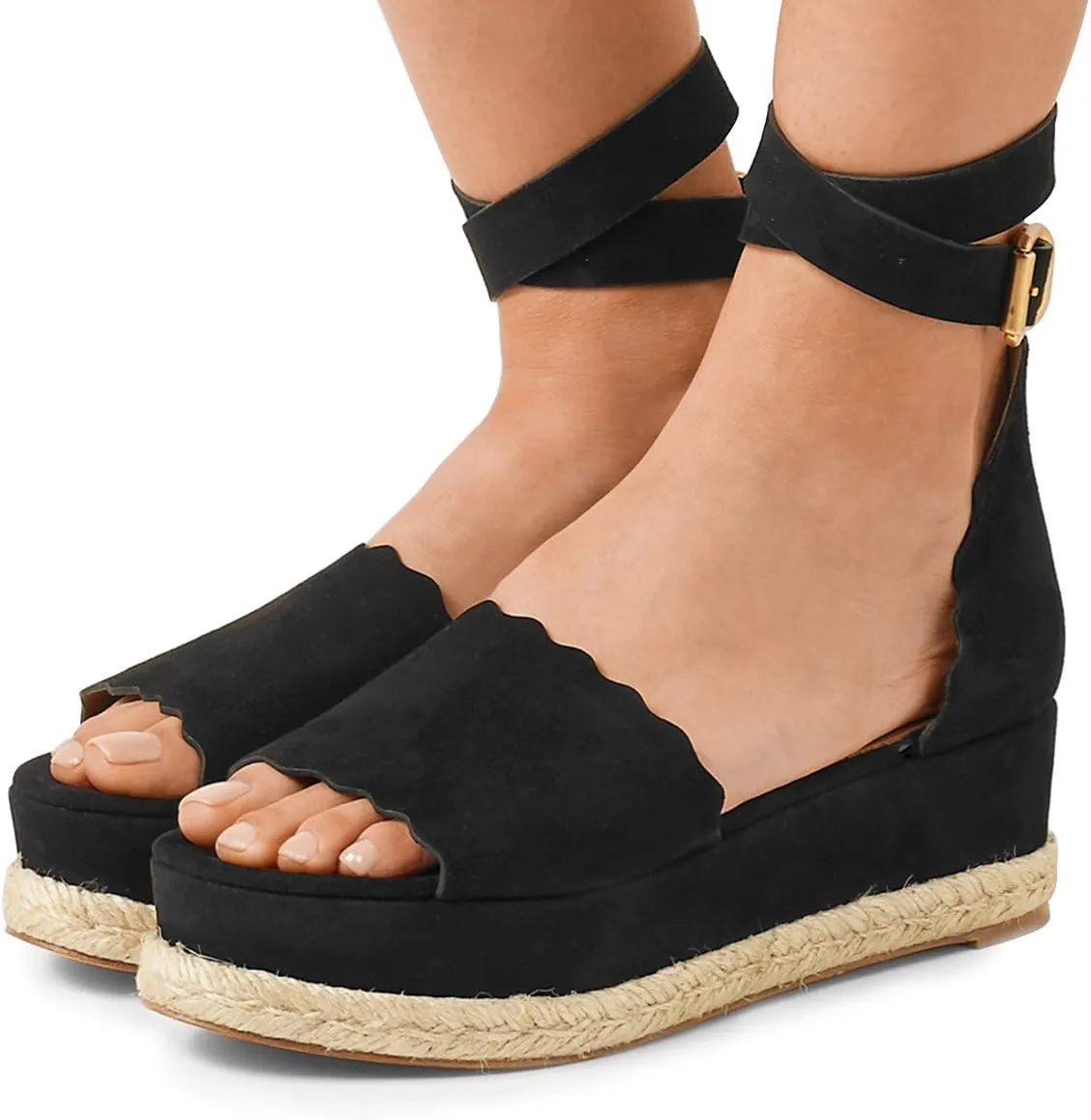 YDN Women Open Toe Platform Espadrille Sandals Ankle Strap Wedge Heel Pumps Wavy Edge Summer Shoes
