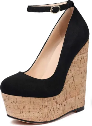 YODEKS Wedges for Women Closed Round Toe Ankle Strap Platform High Heel Wedge Pumps 6 Inches Dress Shoes