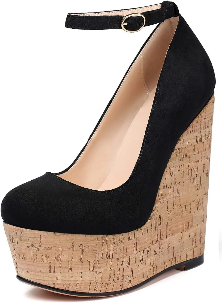 YODEKS Wedges for Women Closed Round Toe Ankle Strap Platform High Heel Wedge Pumps 6 Inches Dress Shoes