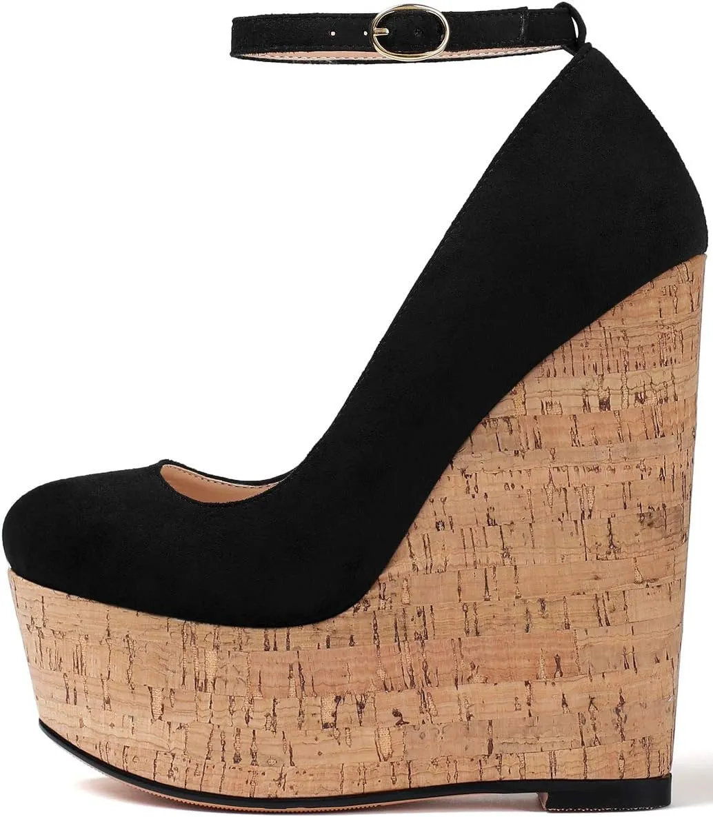 YODEKS Wedges for Women Closed Round Toe Ankle Strap Platform High Heel Wedge Pumps 6 Inches Dress Shoes