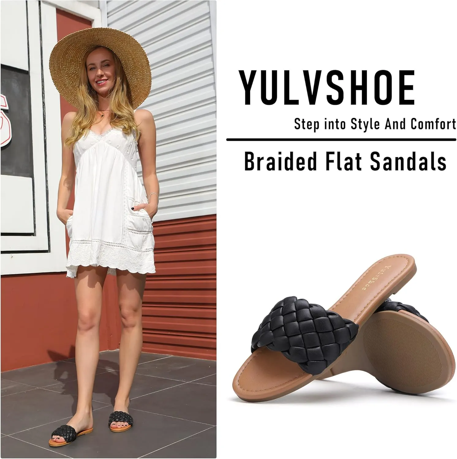YULVSHOE Women's Braided Flat Sandals Fashion Woven Open Toe Slip On Slides Strappy Beach Sandals Slippers For Summer