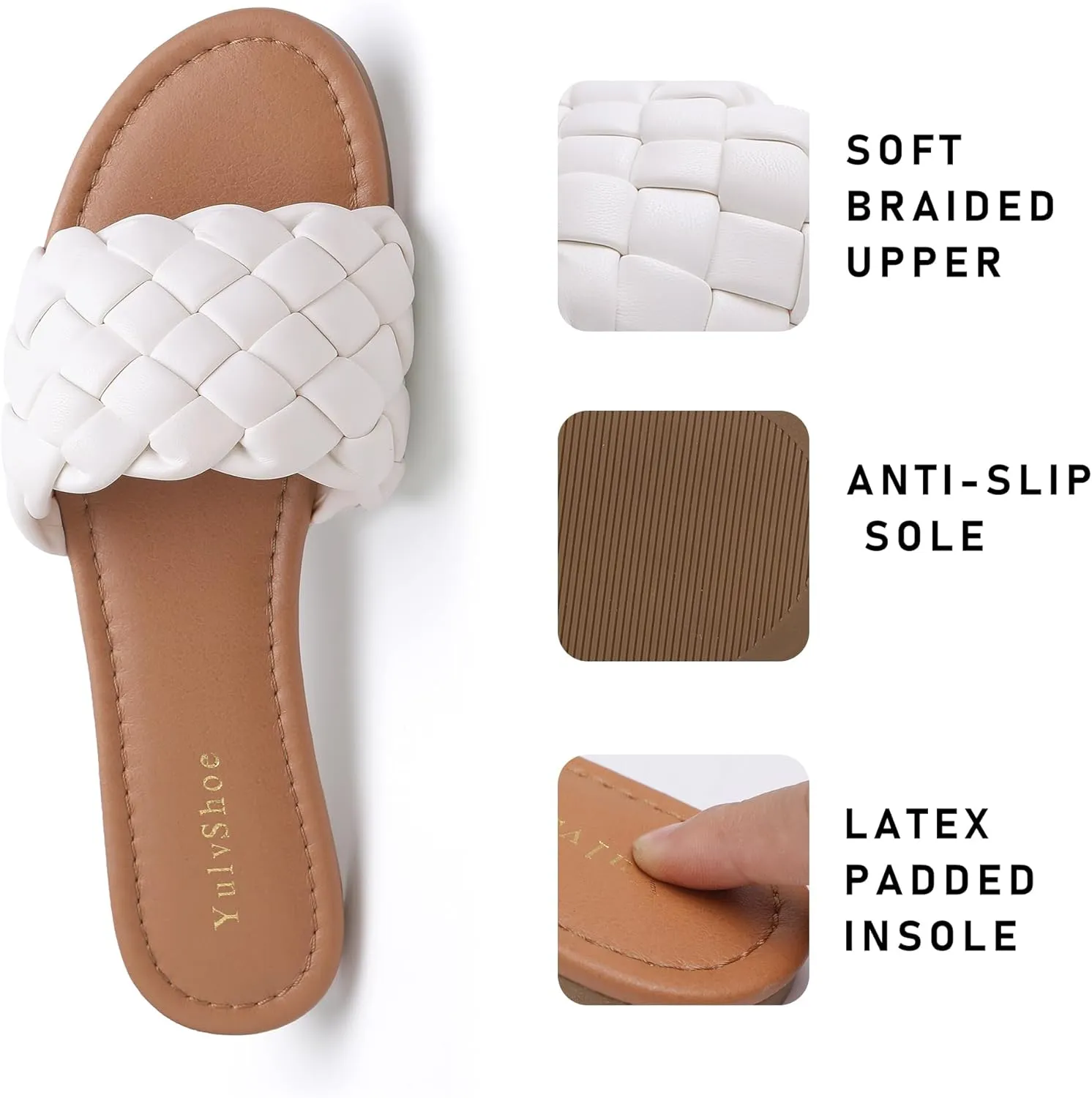 YULVSHOE Women's Braided Flat Sandals Fashion Woven Open Toe Slip On Slides Strappy Beach Sandals Slippers For Summer