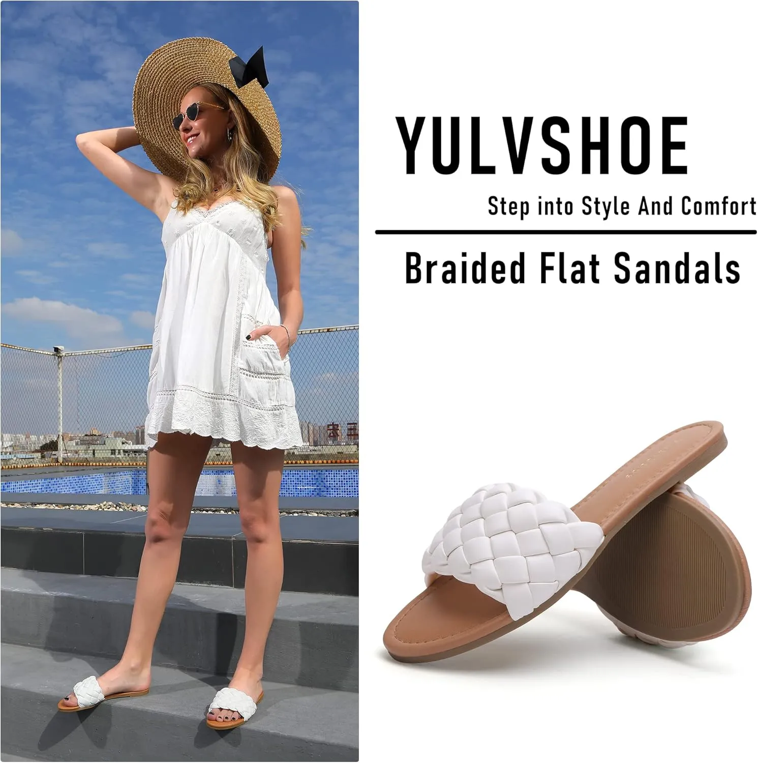 YULVSHOE Women's Braided Flat Sandals Fashion Woven Open Toe Slip On Slides Strappy Beach Sandals Slippers For Summer